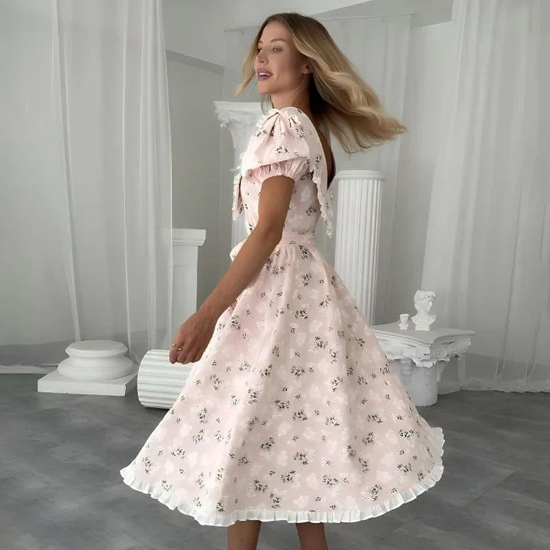 Printed Short Sleeve Lace-Up Midi Dress