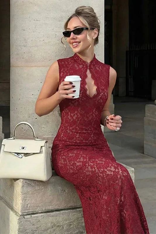Hollow Out Lace Sleeveless Slim Maxi Dress