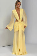 Hollow Out Deep V Neck Long Sleeve Backless Maxi Dress
