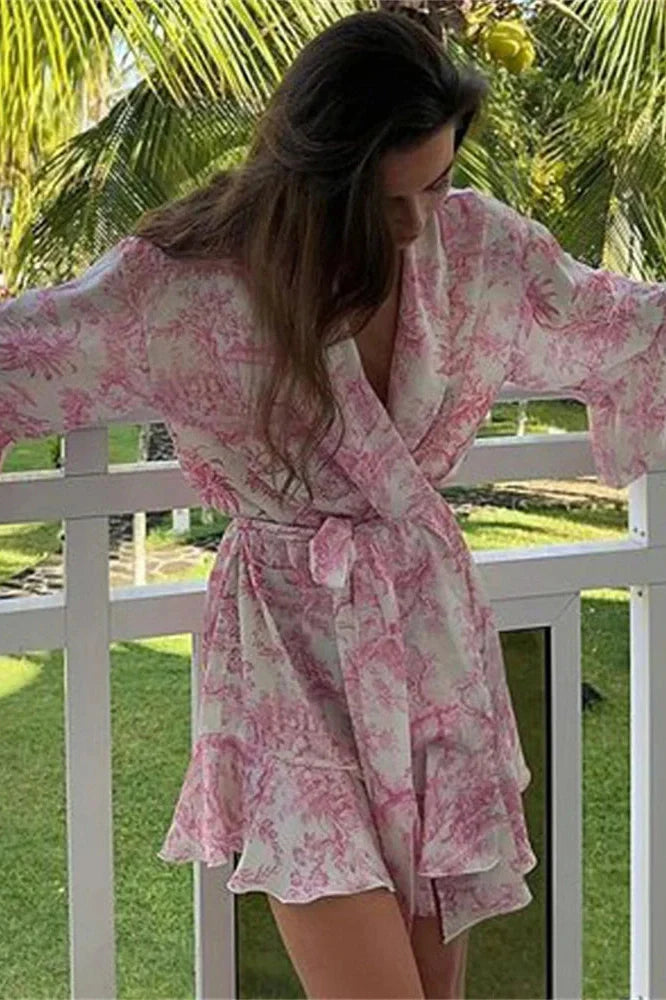 Printed Lace-Up V-Neck Patchwork Mini Dress