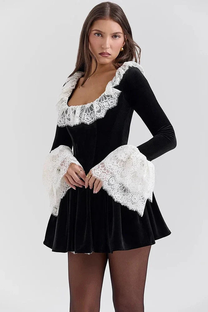 Lace Flare Long Sleeve High Waist Pleated Mini Dress