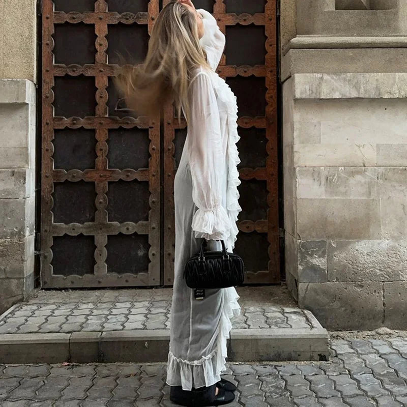 See Through Lace Up Patchwork Maxi Dress