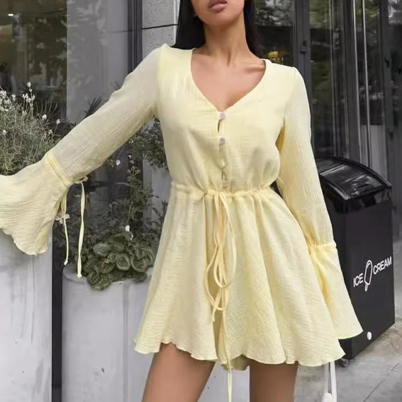 V Neck Lace-Up Patchwork Mini Dress