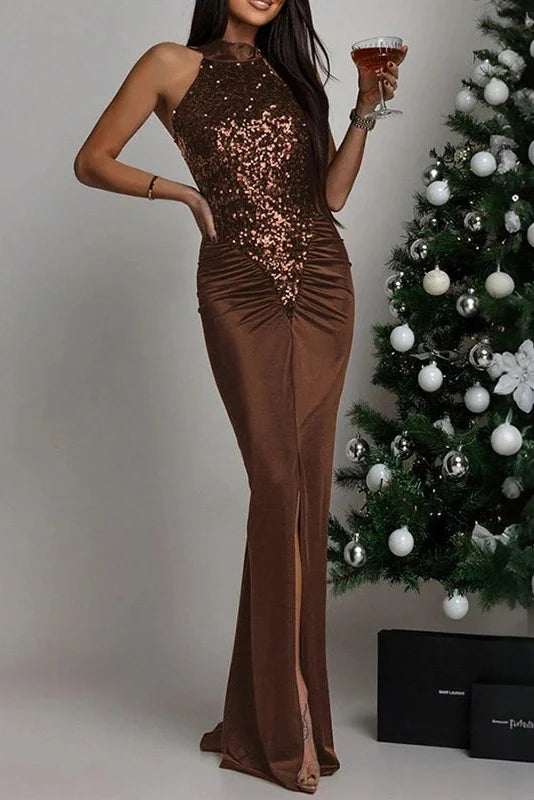 Hollow Out Pleated Sleeveless Slim Bodycon Maxi Dress