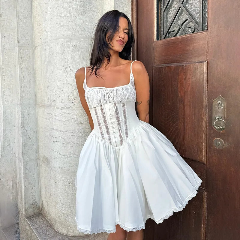 Lace Square Collar Slim A-Line Mini Dress