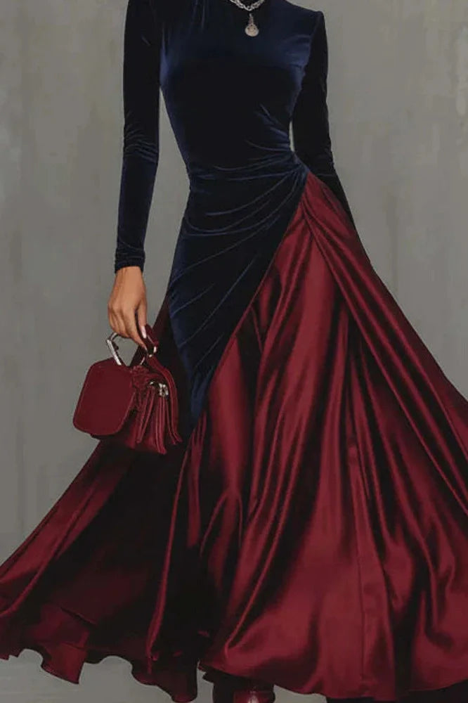 Elegant High Waist Pleated Slim Long Sleeve Maxi Dress