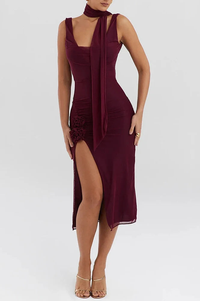 Elegant Flower High Split Sleeveless Backless Midi Dress