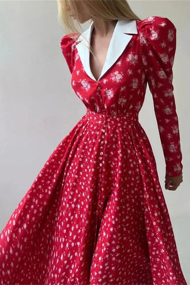 Printed V-Neck Patchwork Long Sleeve High Waist Midi Dress