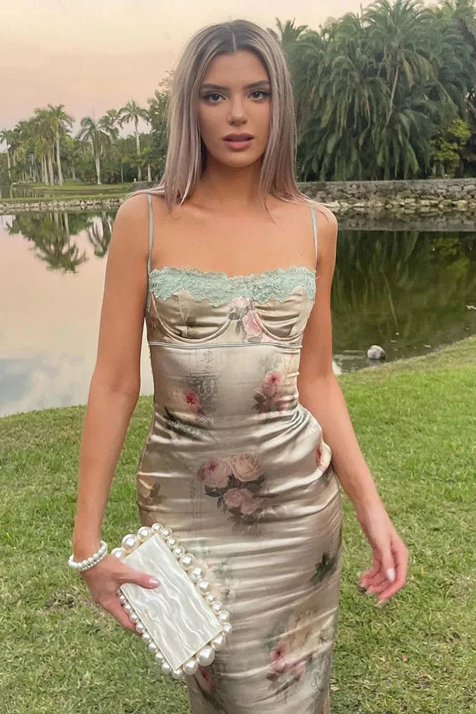 Spaghetti Strap Lace Print Strapless Backless Midi Dress