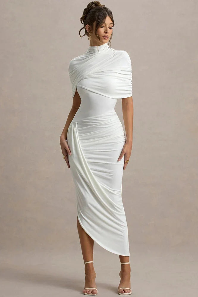 Half Sleeve Backless Turtleneck Slim High Waist Midi Dress