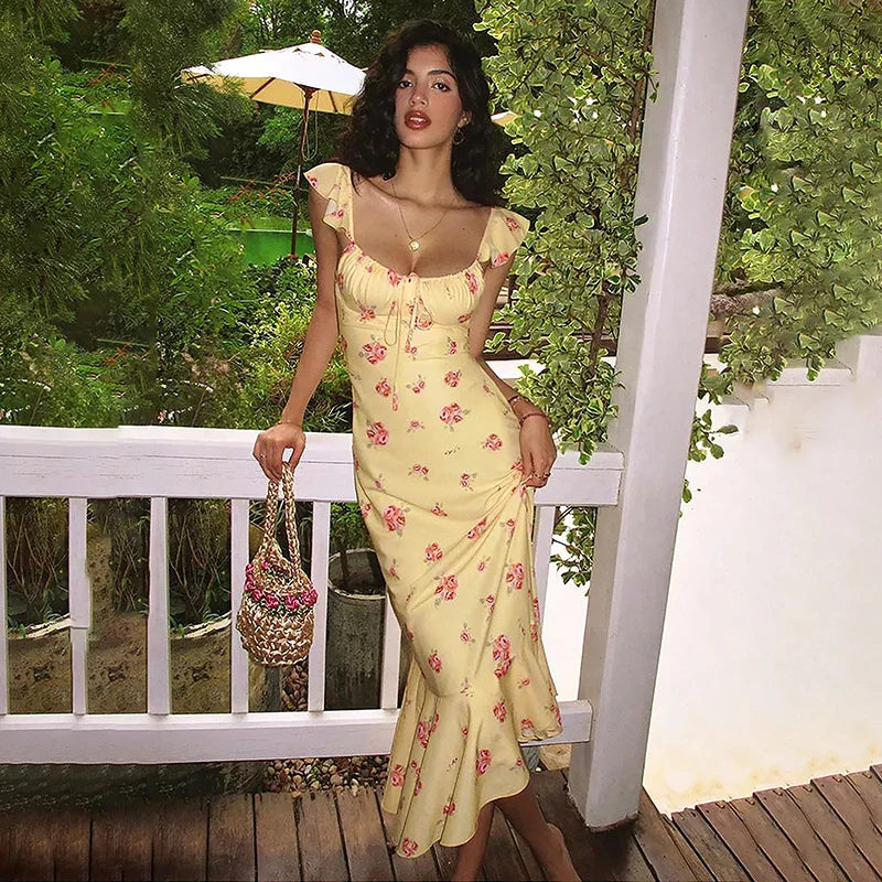 Printed Sleeveless Square Collar Slim Maxi Dress