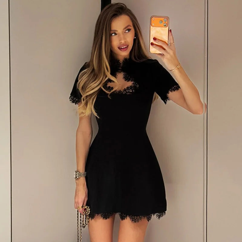 Lace Patchwork Hollow Out High Waist Mini Dress