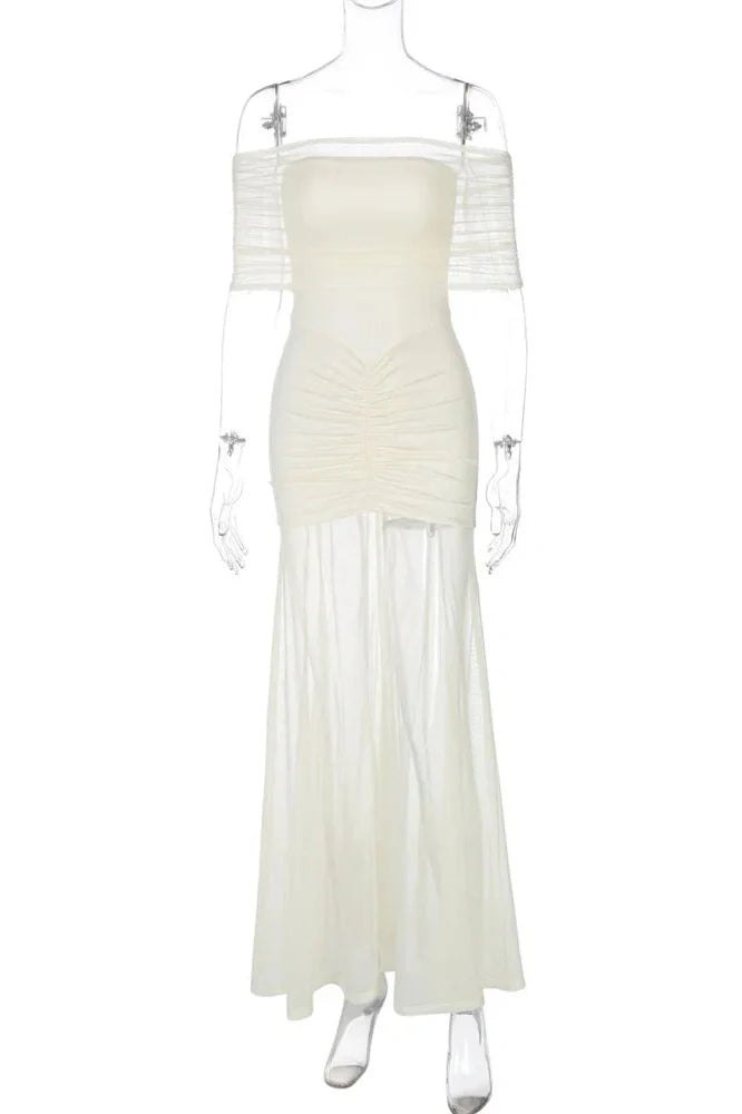 See-Through Pleated Patchwork Off-Shoulder Maxi Dress