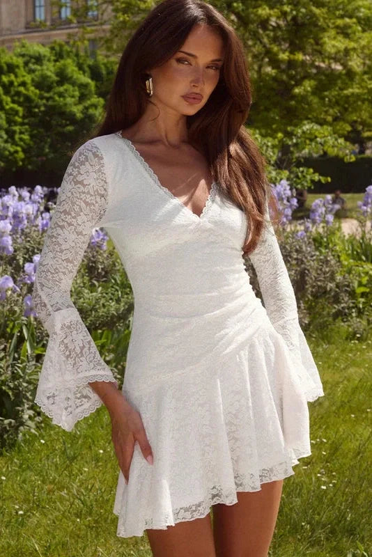 Hollow Out Lace Flare Sleeves Deep V-Neck Slim Mini Dress