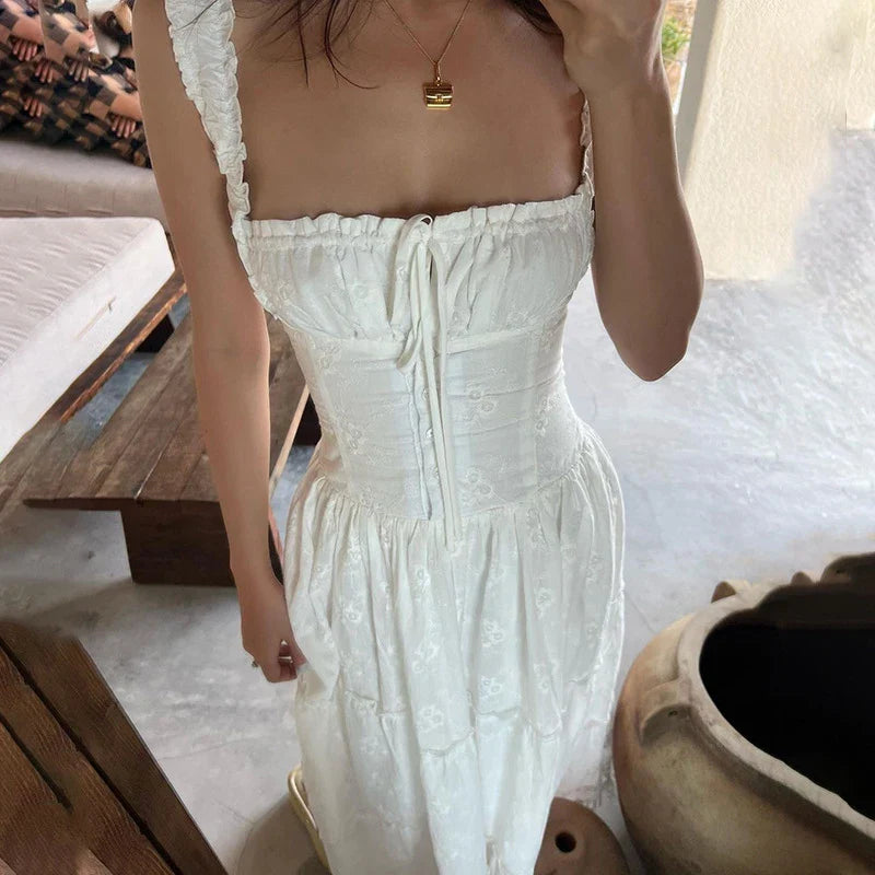 Lace Up Square Collar High Waisted Maxi Dress