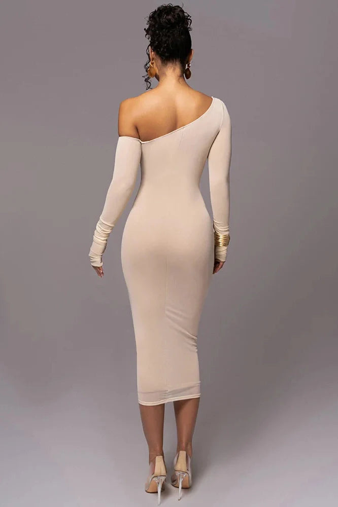 Diagonal Collar Long Sleeve Backless Midi Dress