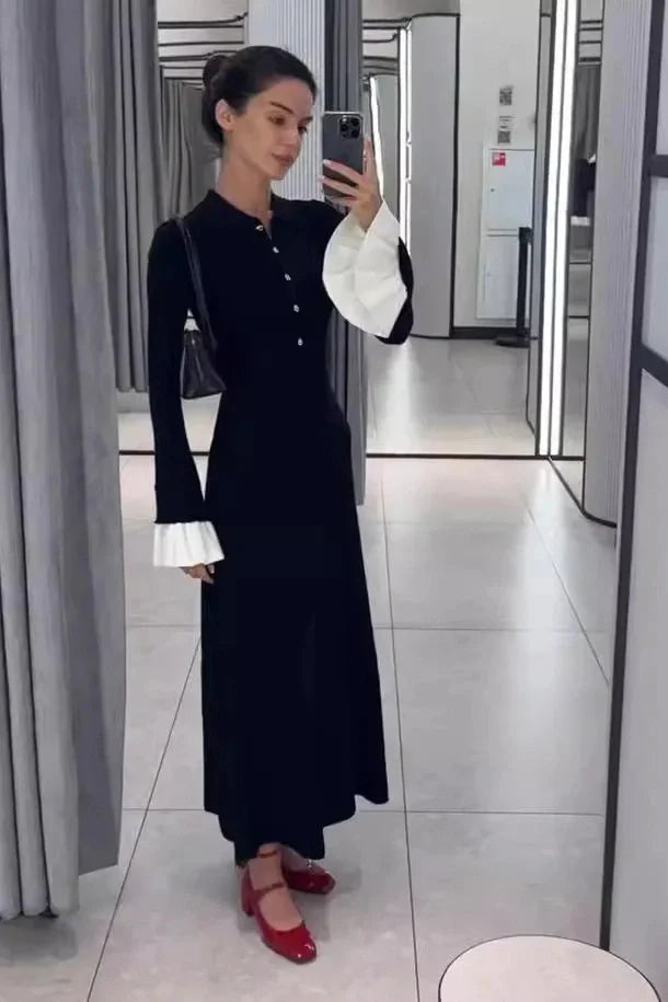 Elegant Flare Sleeve Knitted High Waist Button Maxi Dress