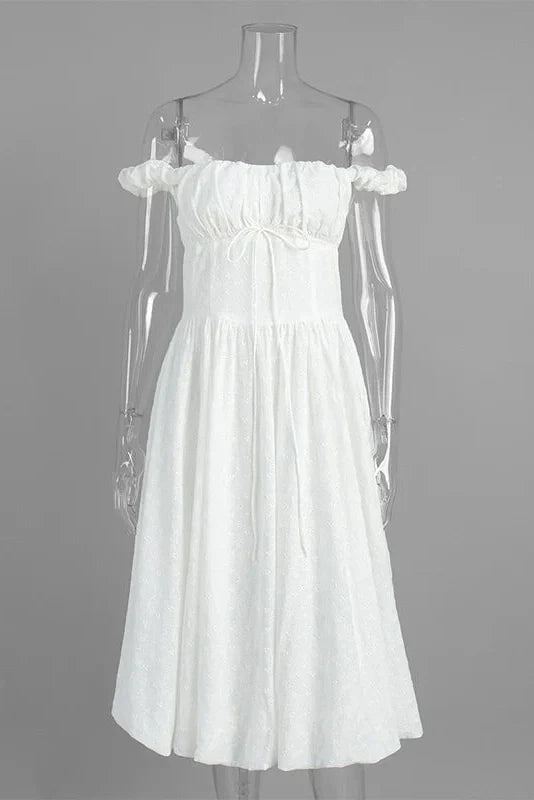 Hollow Embroidery Off-Shoulder Slim Midi Dress