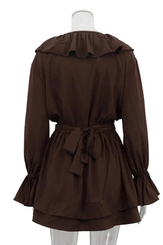 V-Neck Flared Sleeves High-Waisted A-Line Mini Dress
