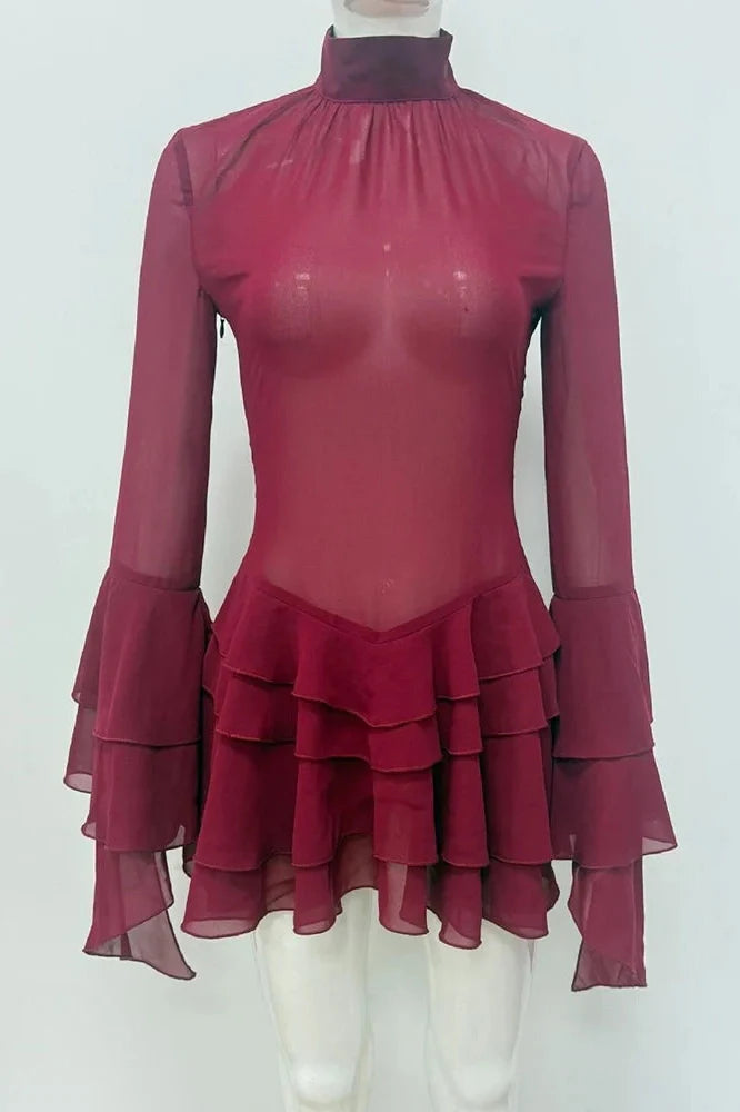 See Through Turtleneck Long Sleeve Mini Dress