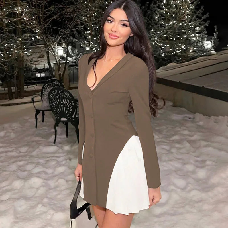 V Neck Pleated Single Breasted Patchwork Long Sleeve Mini Dress