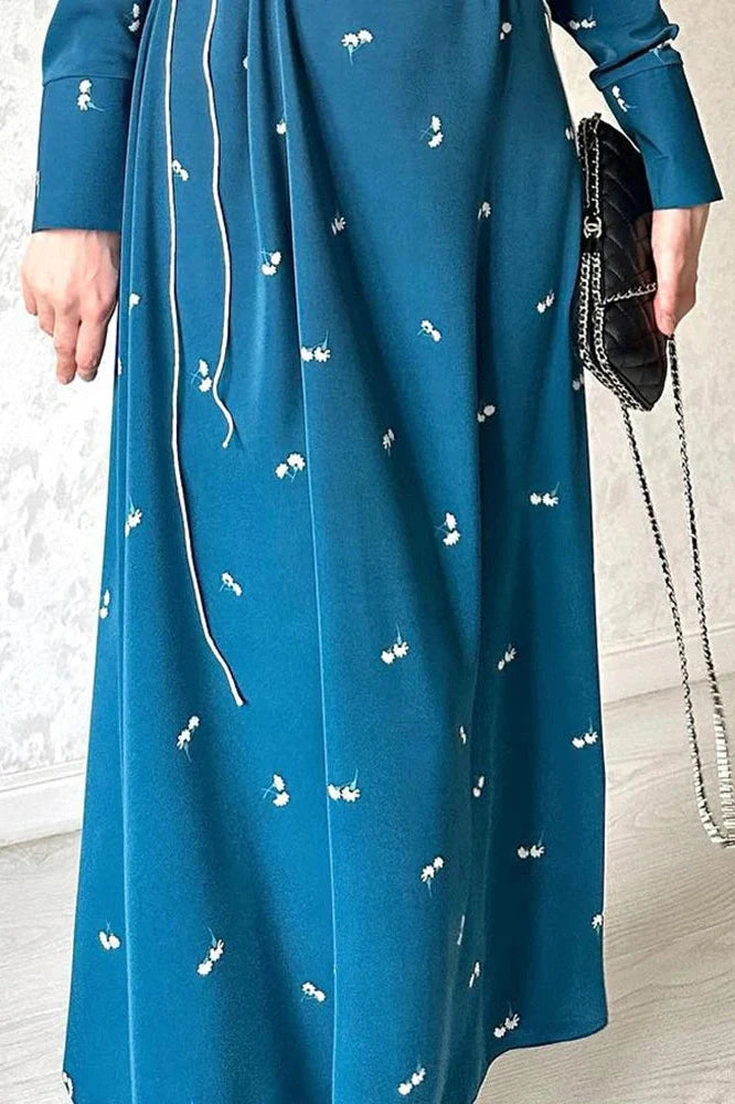 Printed Slim Patchwork Lace-Up Long Sleeve Maxi Dress