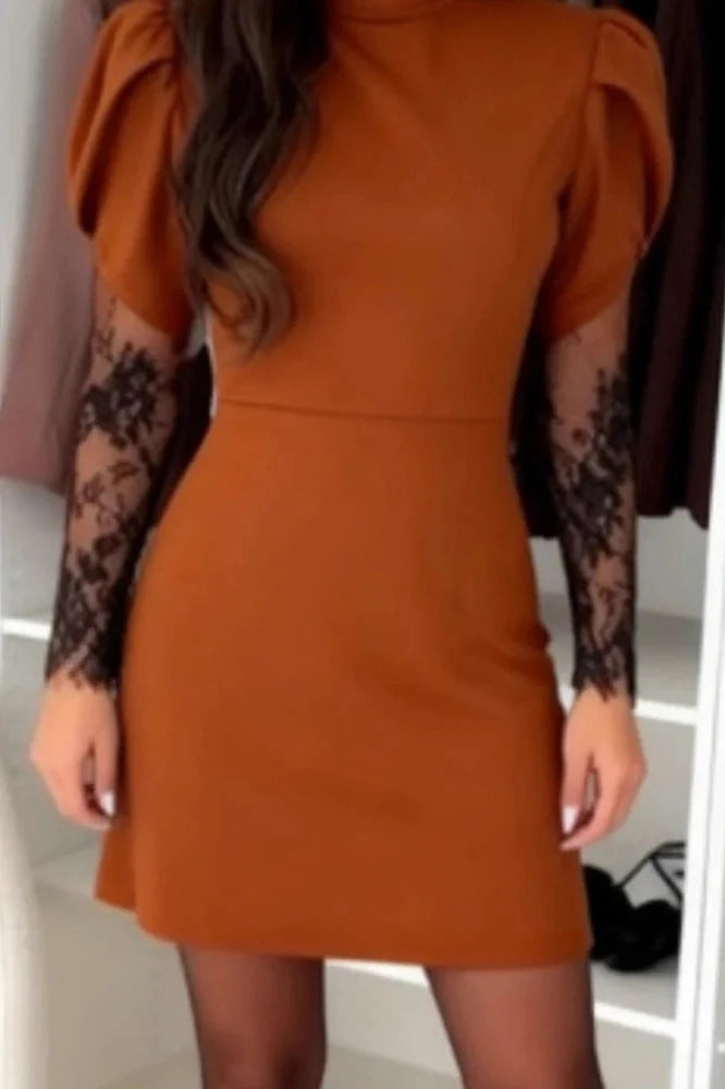 O-Neck Lace Long Sleeve Slim High Waist Pleated A-Line Mini Dress