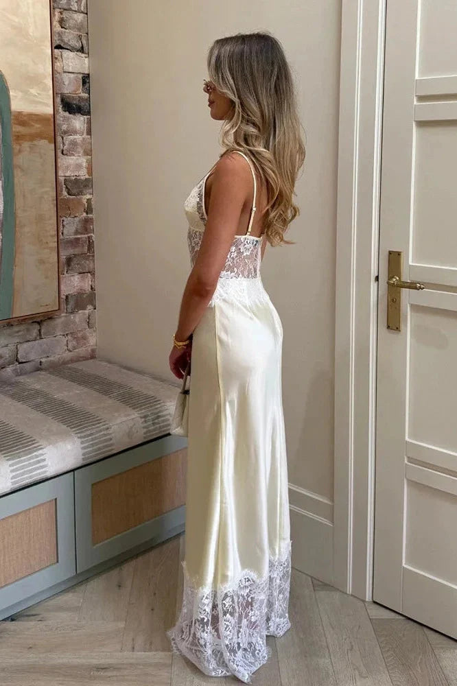 V-Neck Lace Patchwork See-Through Printed Maxi Dress