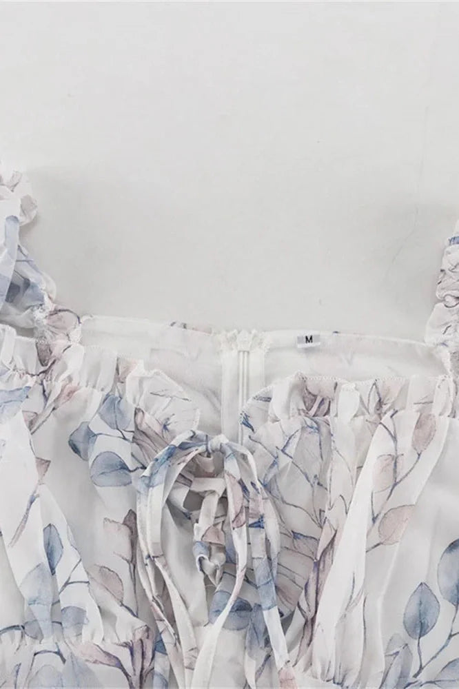Printed Lace-Up Square Collar Patchwork Mini Dress