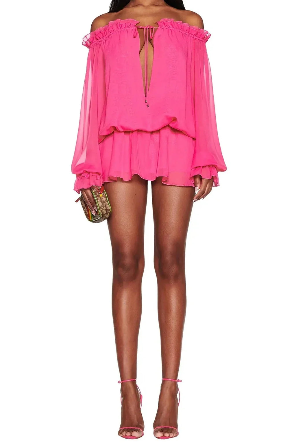Off-Shoulder Tie-Up Long Sleeve Mini Dress