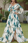 Long Sleeve Printed Pleated V-Neck High Waist Maxi Dress