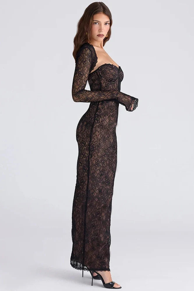 Lace Long Sleeve Square Collar Strapless Split Bodycon Maxi Dress