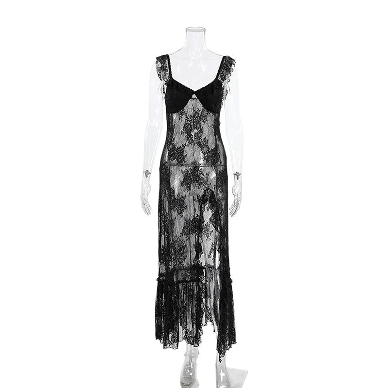 Lace See Through Slit Slim Maxi Dress