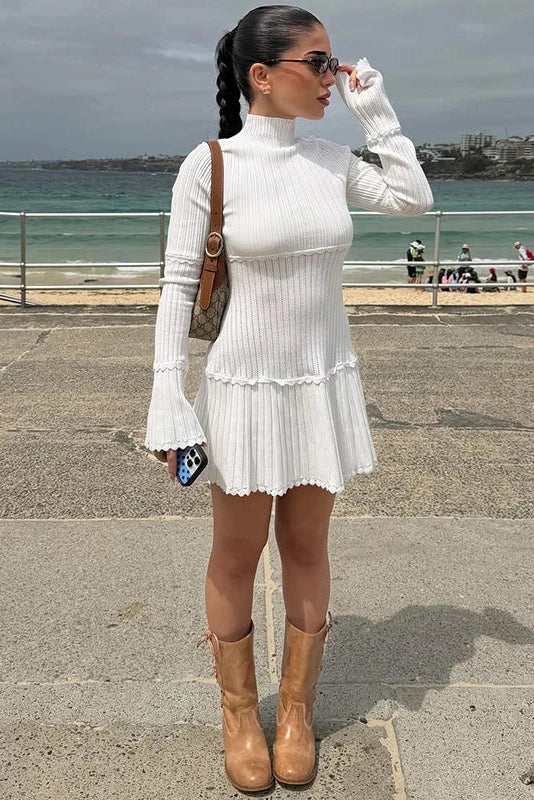 Elegant Slim Knitted Turtleneck Sleeves High Waist Mini Dress