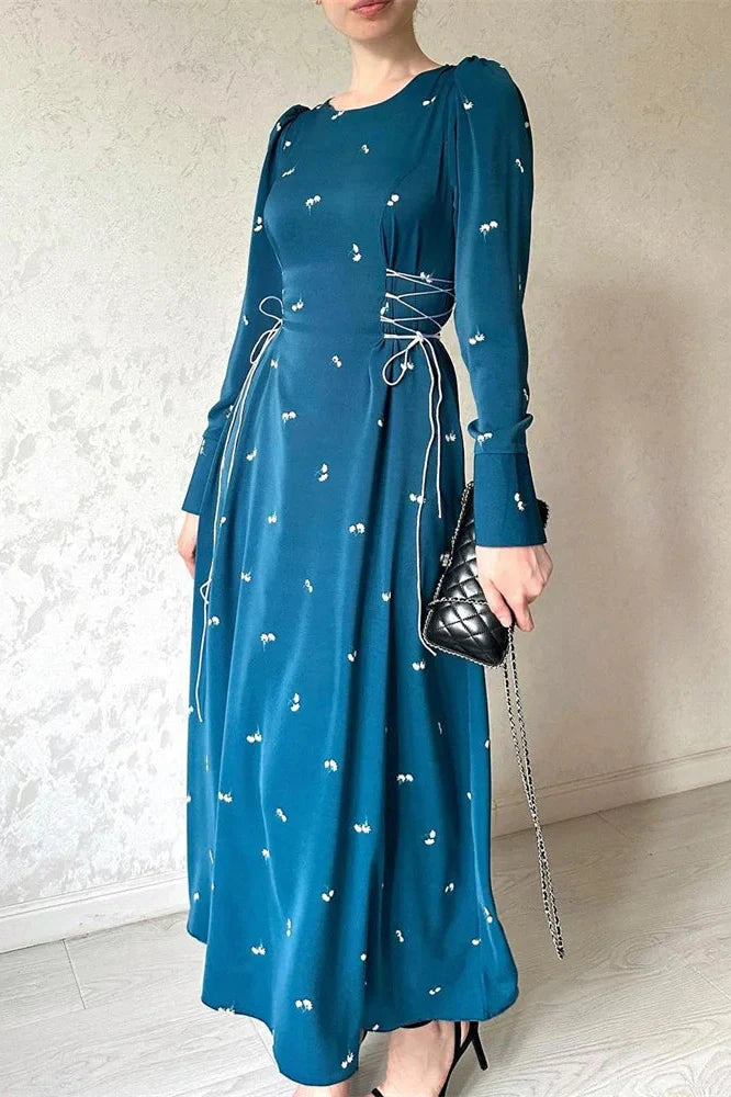 Printed Slim Patchwork Lace-Up Long Sleeve Maxi Dress