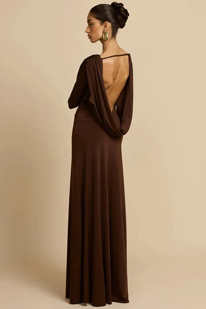Deep V Neck Backless Long Sleeve High Waist Maxi Dress