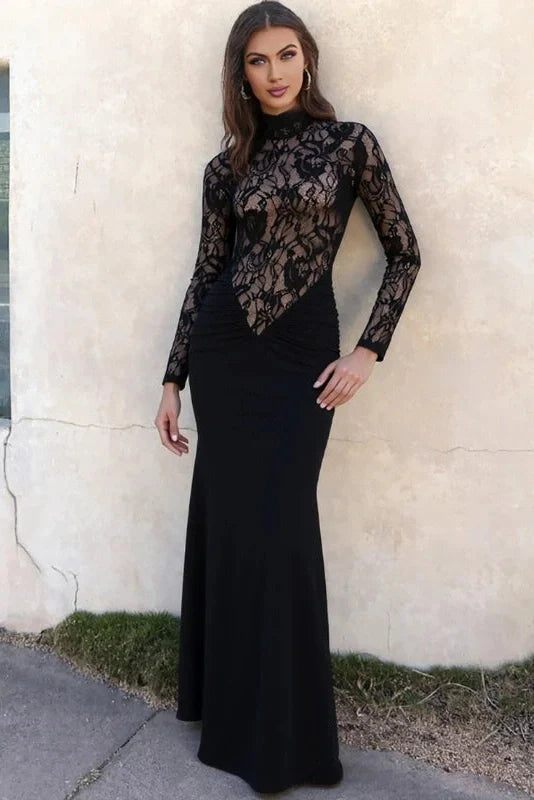 Lace Slim See-Through Long-Sleeved High-Waisted Maxi Dress