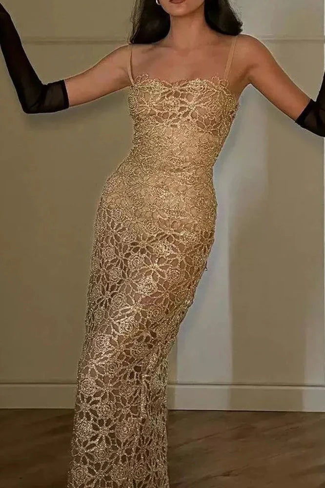 Elegant Lace Hollow Out Sleeveless Maxi Dress