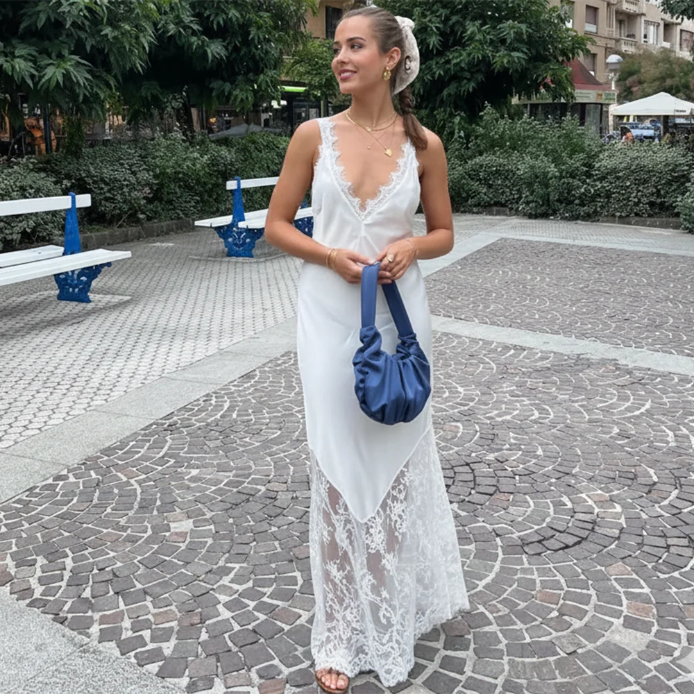 Lace Patchwork V Neck See Through Sleeveless Maxi Dress