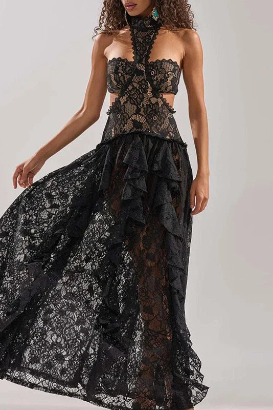 Lace Hollow Out Sleeveless High Waist Pleated Maxi Dress