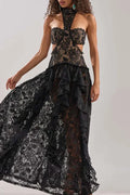 Lace Hollow Out Sleeveless High Waist Pleated Maxi Dress