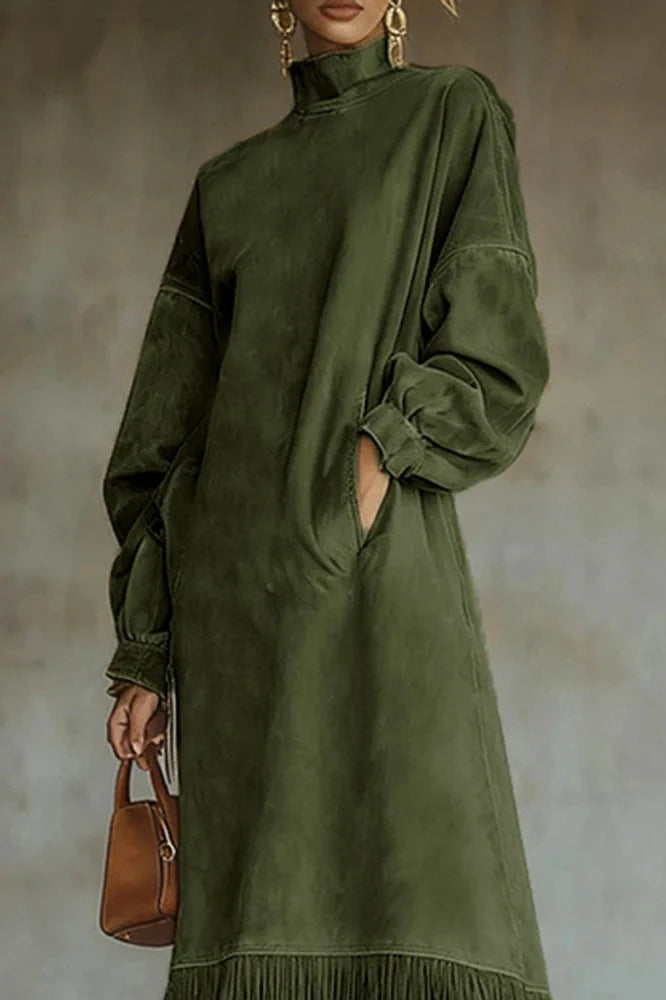 Elegant High Collar Loose A-Line High Waist Pocket Midi Dress