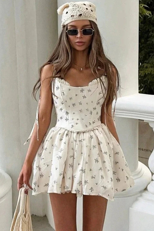 Elegant Floral Print Pleated Straps Sleeveless Slim Mini Dress