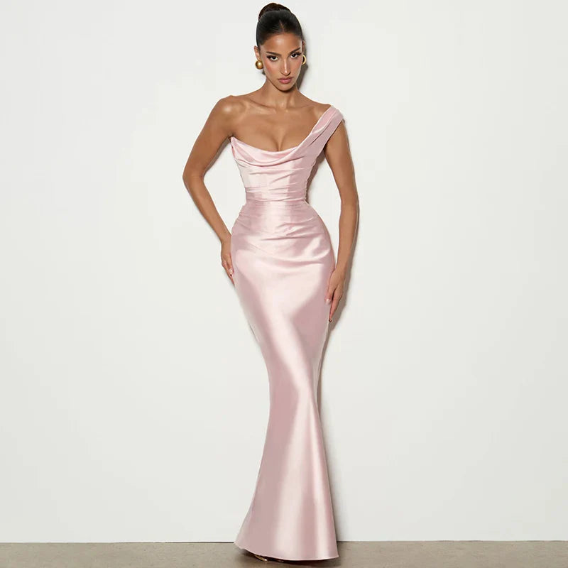 One Shoulder Sleeveless Pleated Lace-Up Maxi Dress