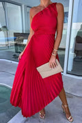 Hollow Out One Shoulder Slim Fit Pleated Maxi Dress