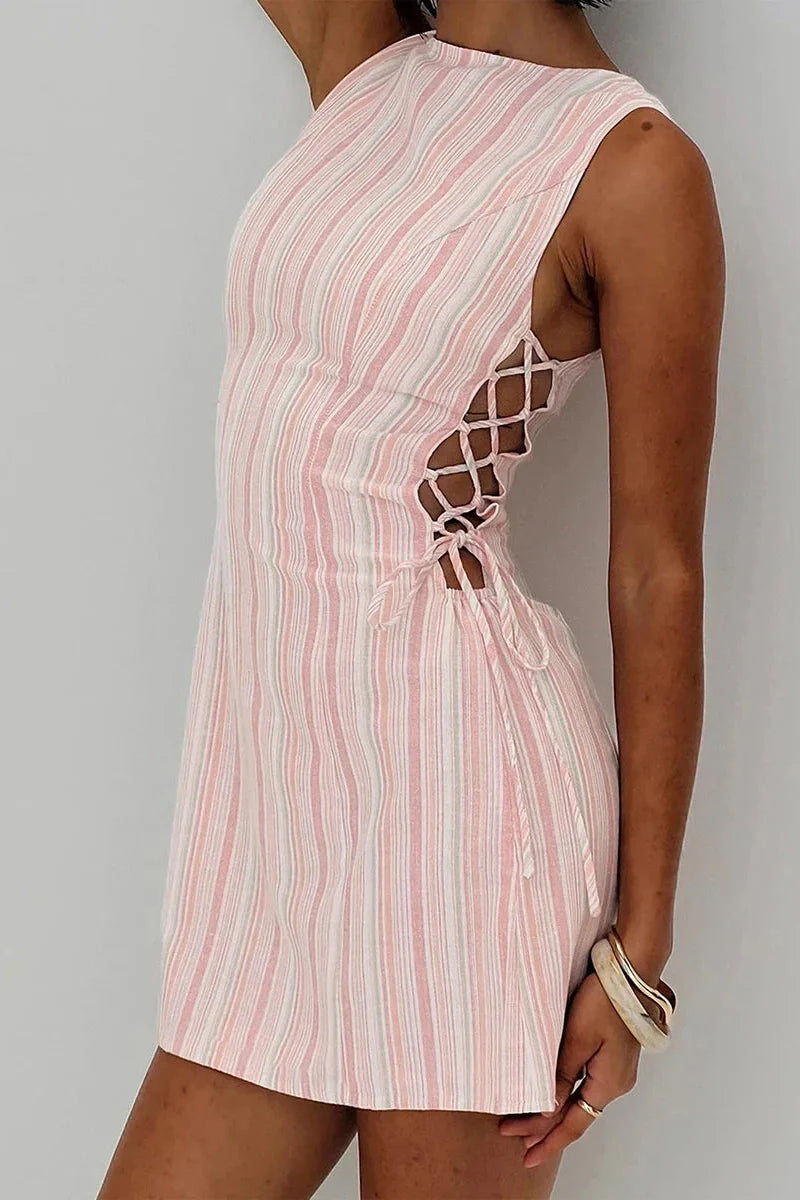 Sleeveless Stripe Print Tie-Up Mini Dress