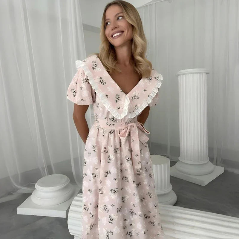Printed Short Sleeve Lace-Up Midi Dress