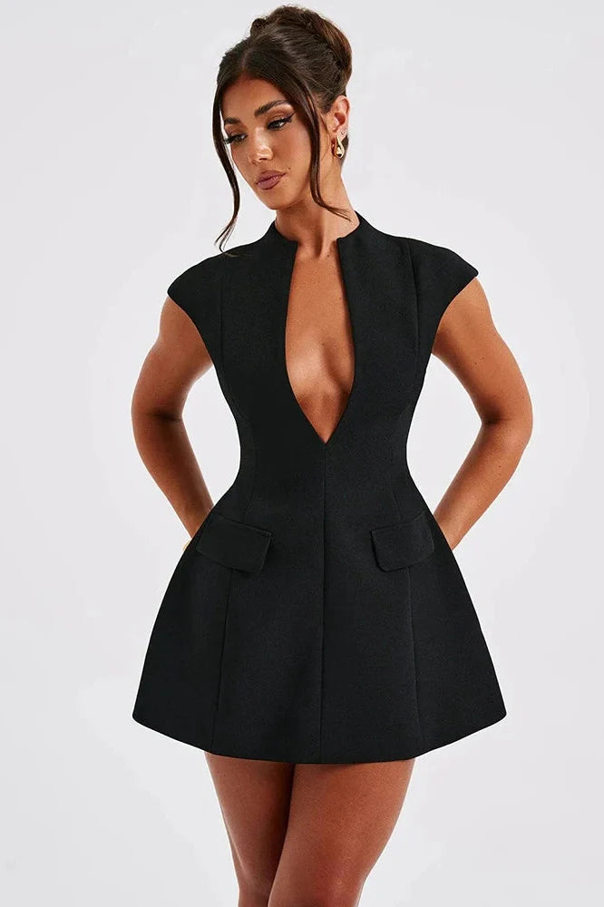 Sleeveless Deep V Neck A-line Mini Dress