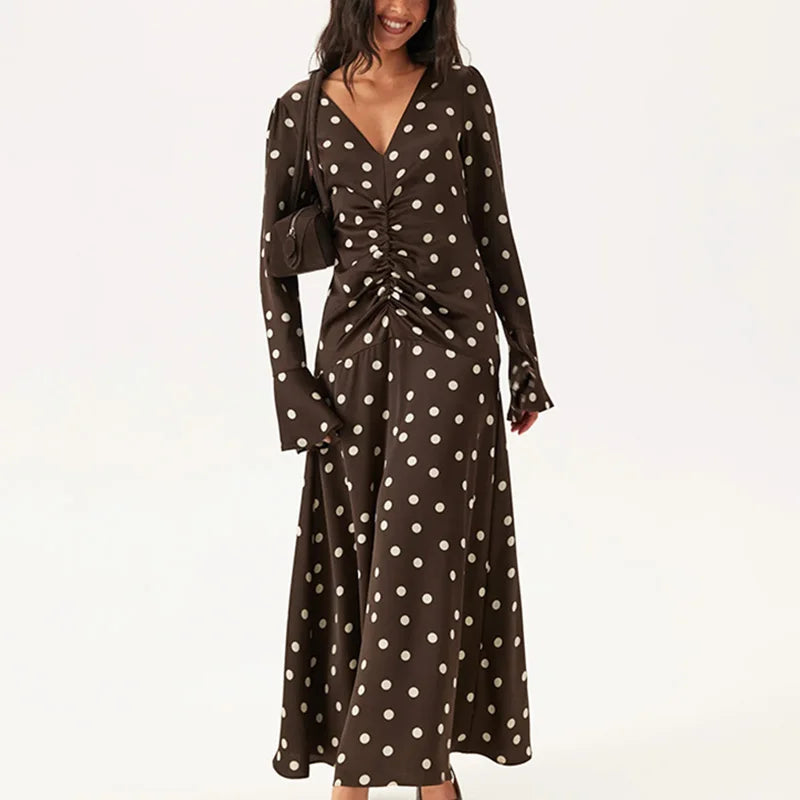 Elegant V-Neck Polka Dot Patchwork Maxi Dress