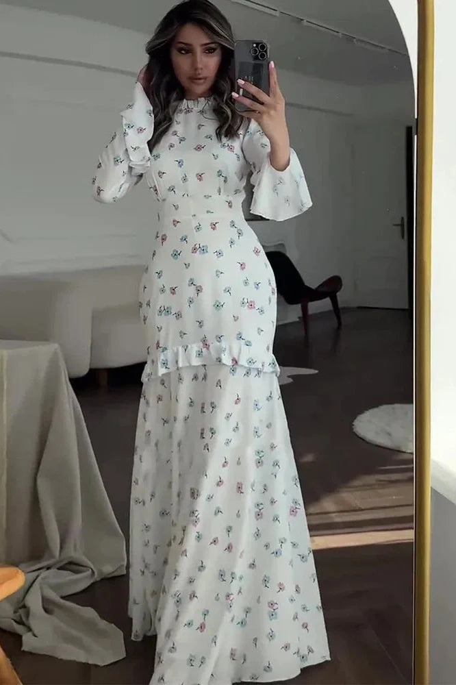 Printed Long Sleeve Slim Fit Lace Maxi Dress